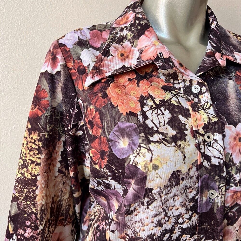 Vintage Floral Photo Print Blouse Shirt Large Button Up Top Autumn Boho 70s - Picture 4 of 13